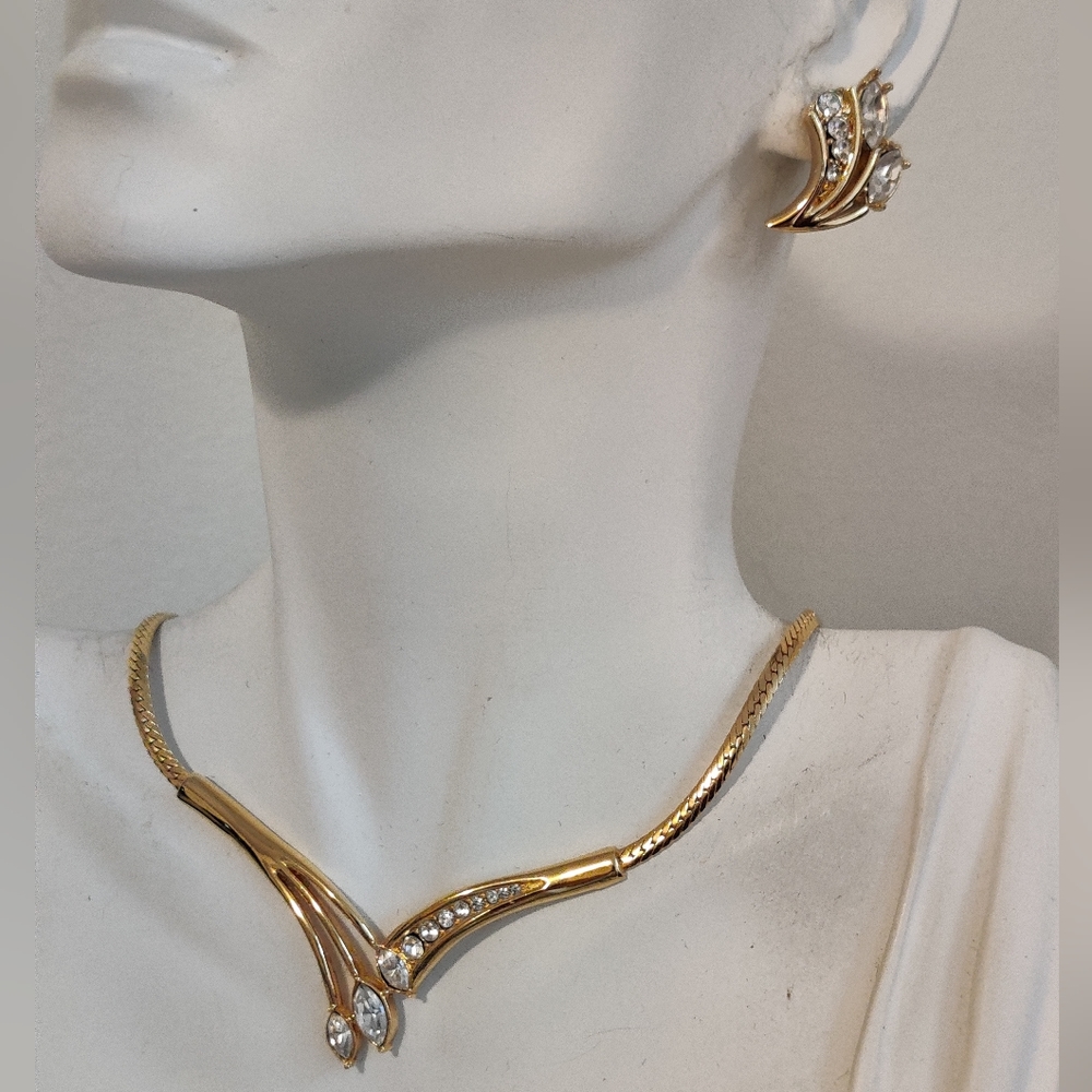Vintage Signed Vendome Diamante Jewelry Set Necklace and Pierced Earrings
